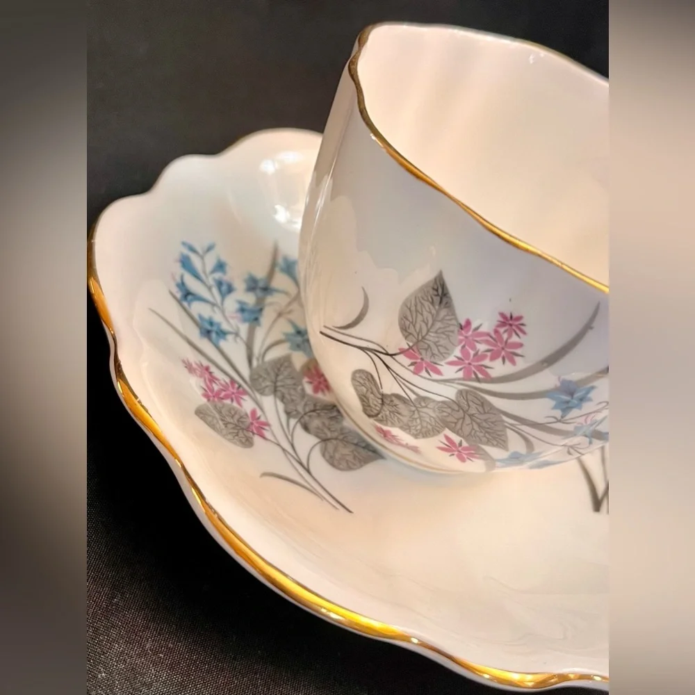 Vintage English Castle 22K Gold Trim Blue Lily Bone China Teacup Saucer Set Tea